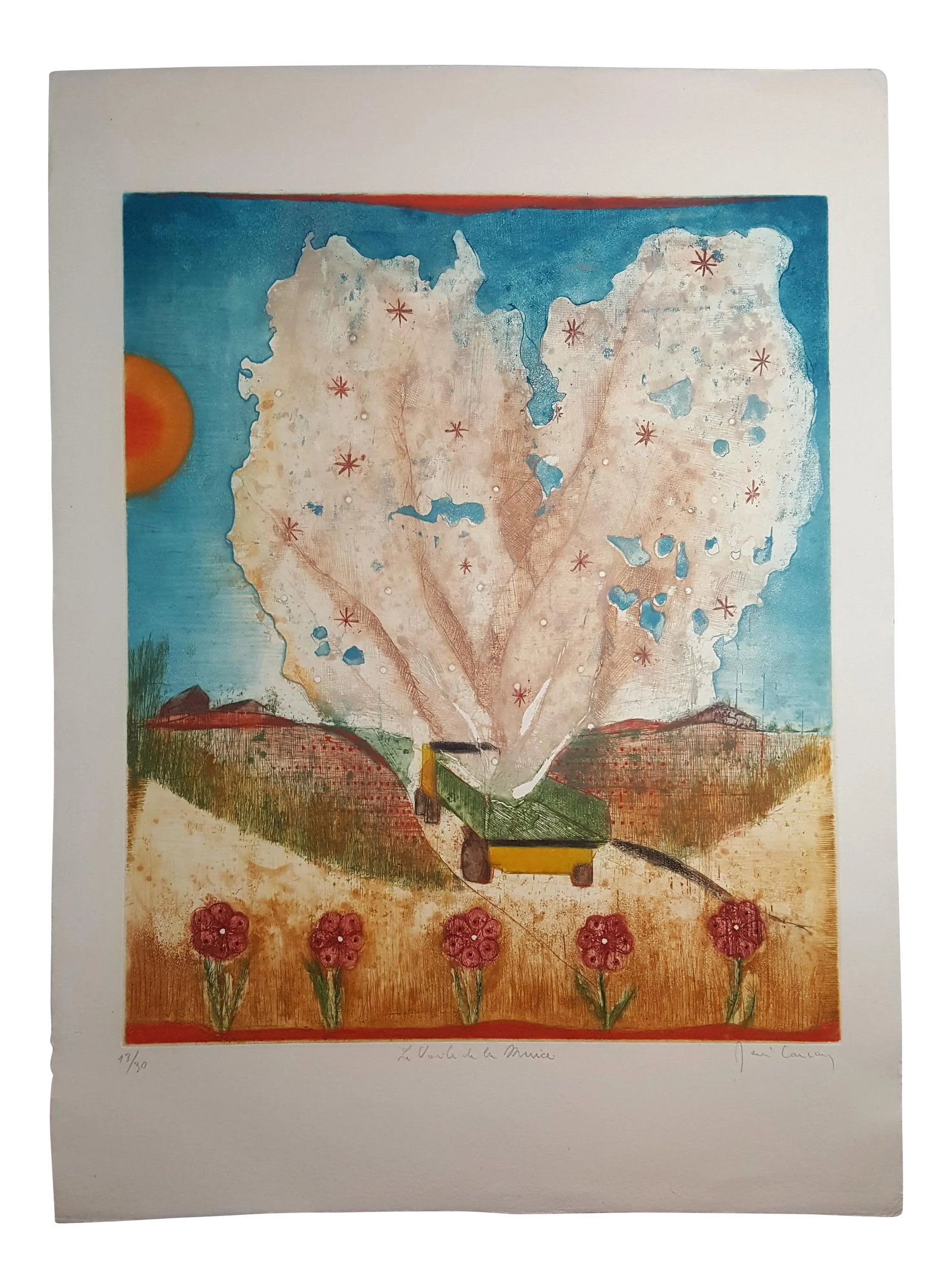 Le Voule Da La Maria by Artist Jeni Curry: This vibrant hand colored etching is simply captivating. Le Voule Da La Maria roughly translates to, the desire to be married. Edition #13/30. Etching comes unframed. Condition: Condition Notes: