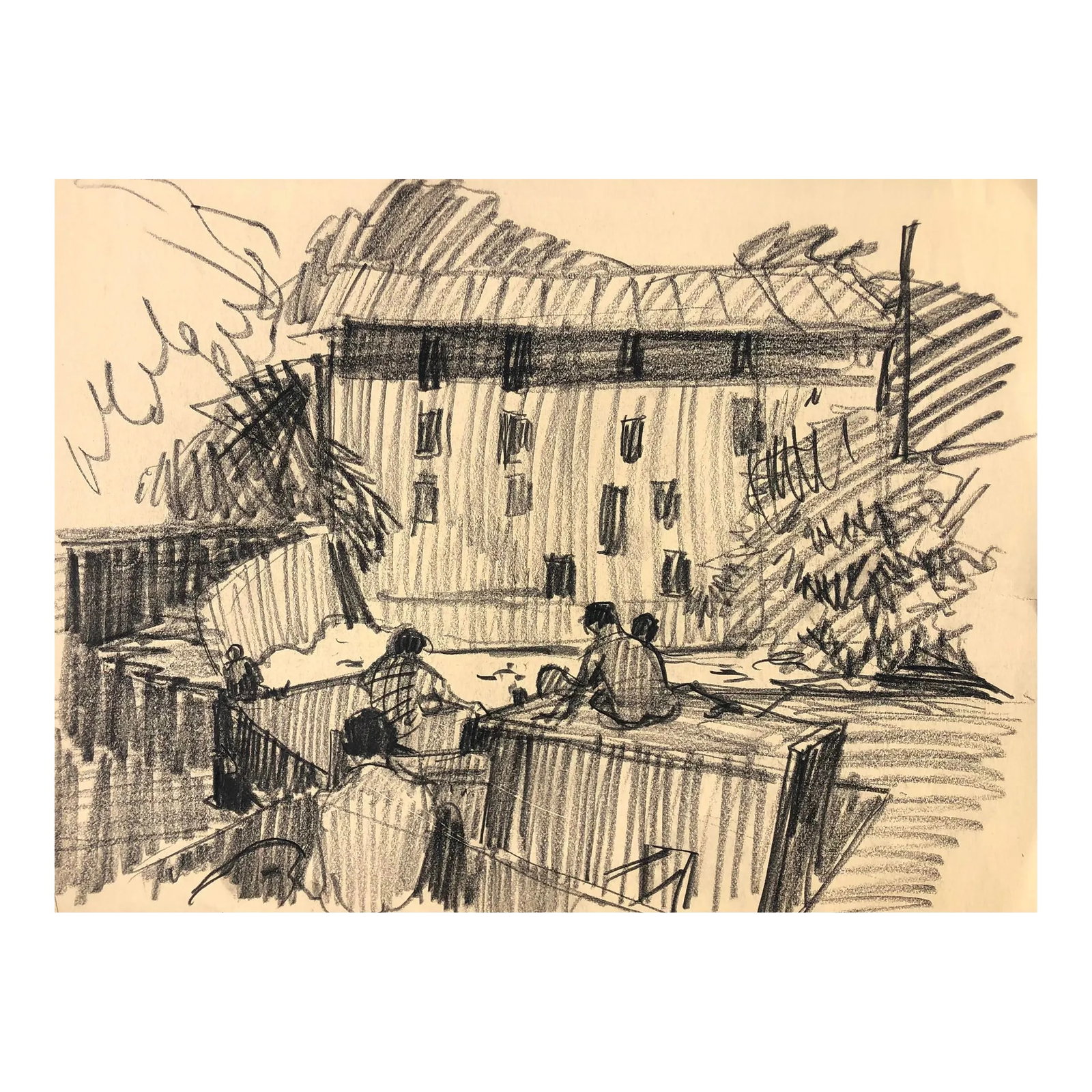 1950s Norman Kent Mill With Art Students: Dawing of a mill with art students working on site. Born in Pittsburgh, American artist Norman Kent (1903 - 1972) attended the Rochester Institute and trained at the Art Students League in New York un