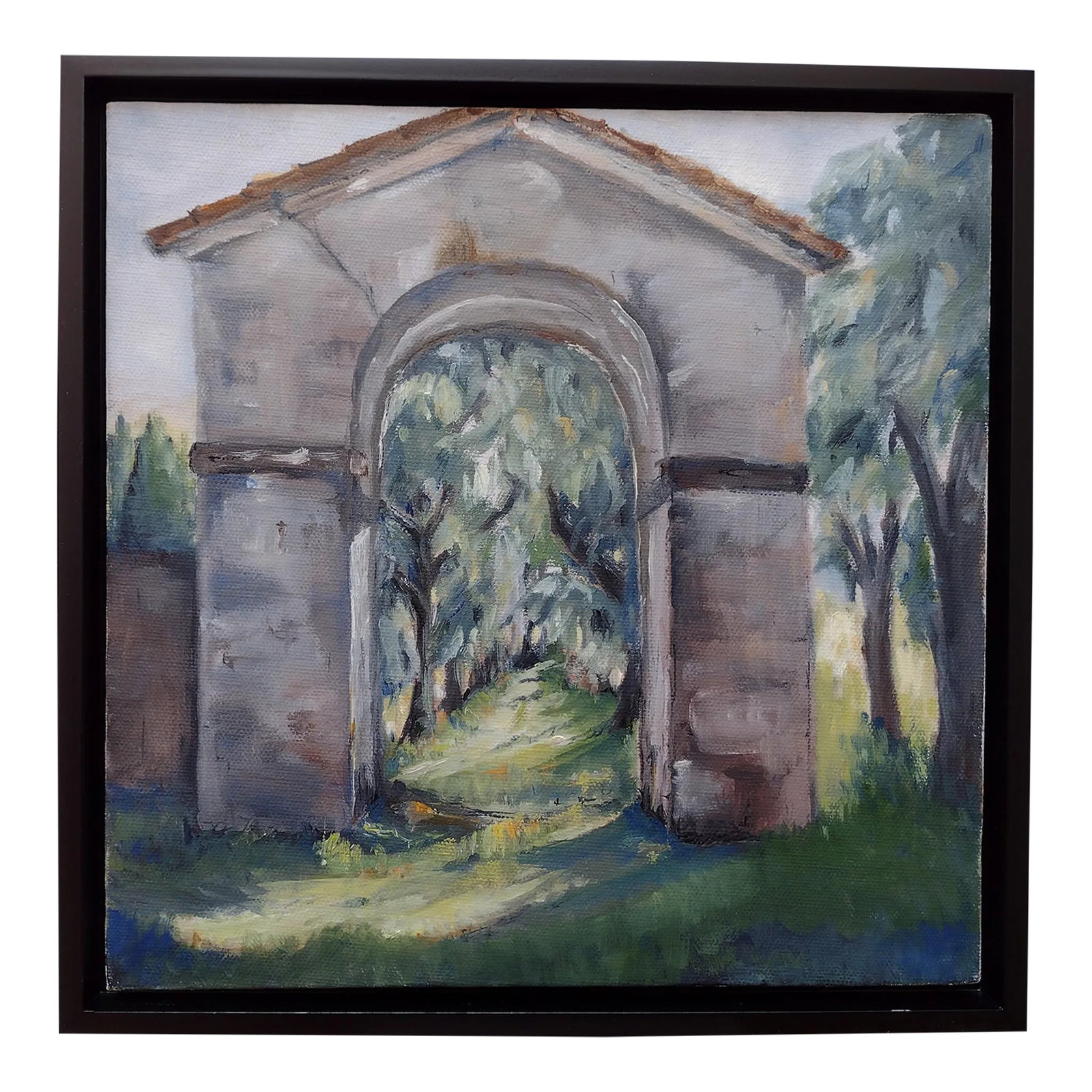 Mid 20th Century Impressionist Style Garden Scene with Grey Arch Oil Painting, Framed: This listing is for a lovely original oil painting of a grey stone arch in a garden allee with willow trees. It is a vintage hand-painted original with nice grey and green colors and complementary