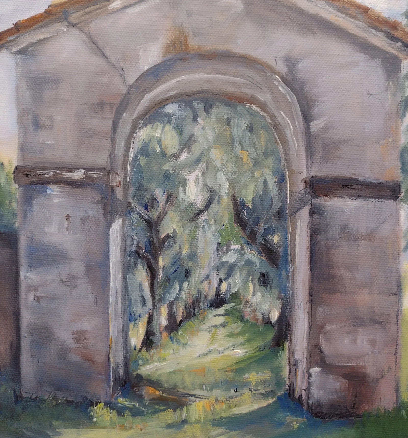 Mid 20th Century Impressionist Style Garden Scene with Grey Arch Oil Painting, Framed - 4