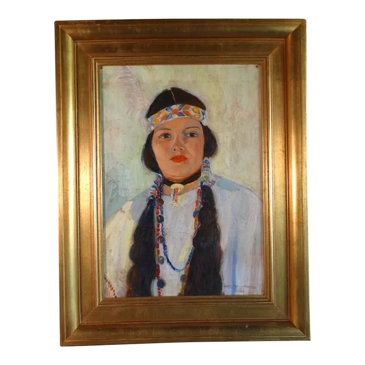 Mid 20th Century Dorothy Bernays Stauher Portrait Oil Painting of a Young Woman in Native American D: A really gorgeous portrait. We wish we knew more about the artist, as well as the sitter. The clothing is traditional, the lipstick is modern. The technique is superb. Oil on board. Art measures 20" x