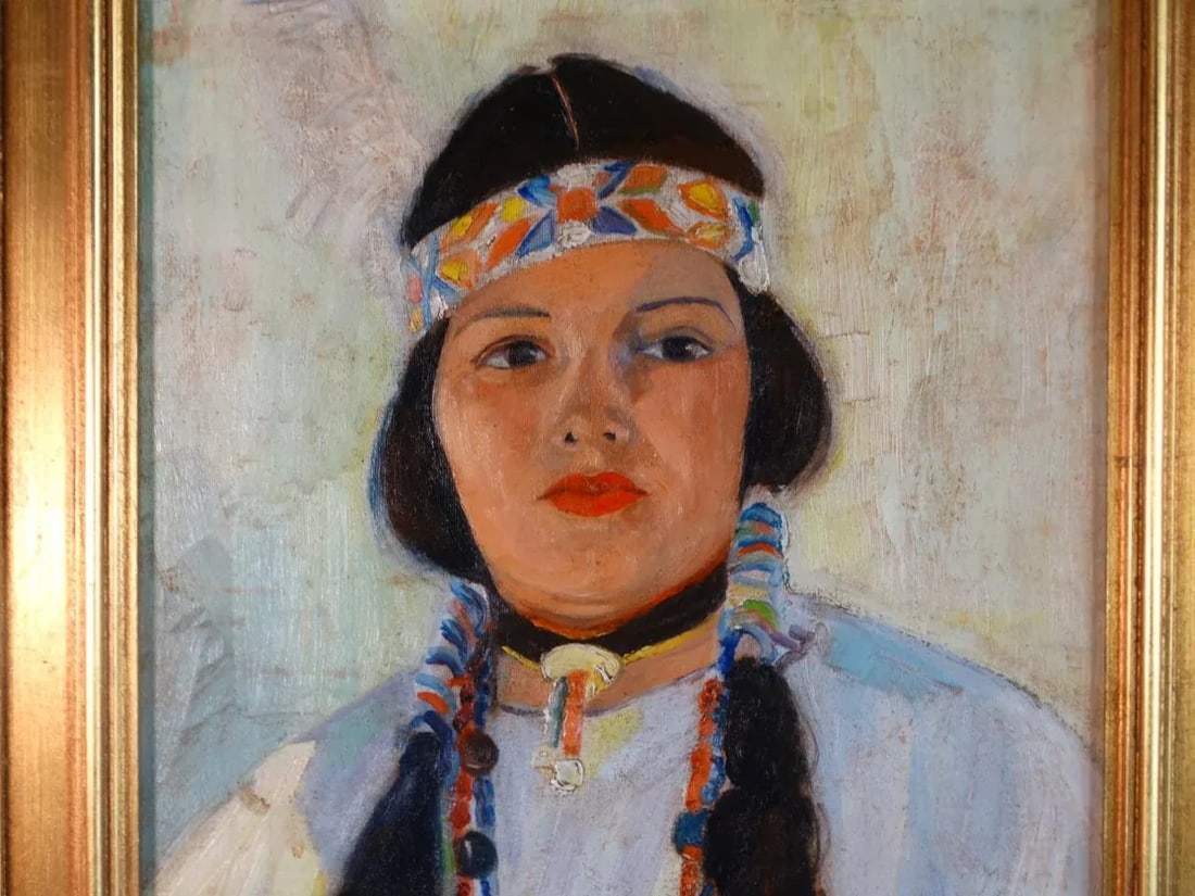 Mid 20th Century Dorothy Bernays Stauher Portrait Oil Painting of a Young Woman in Native American D - 2