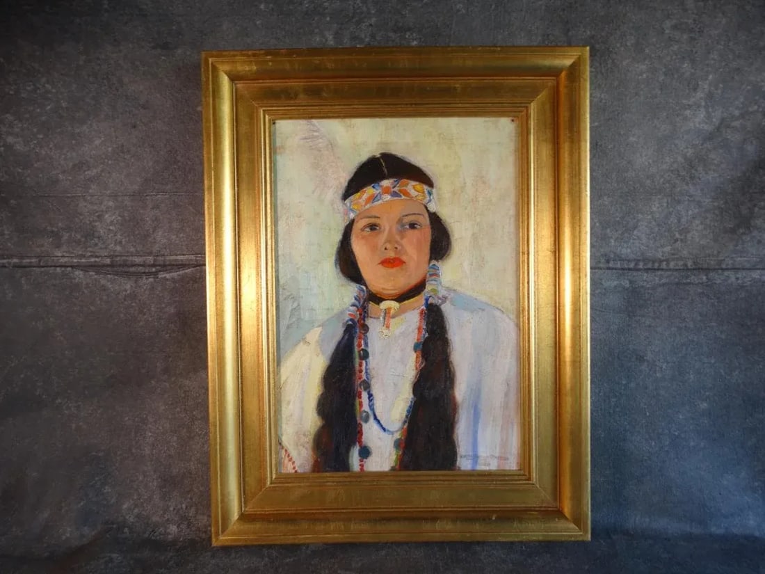 Mid 20th Century Dorothy Bernays Stauher Portrait Oil Painting of a Young Woman in Native American D - 3