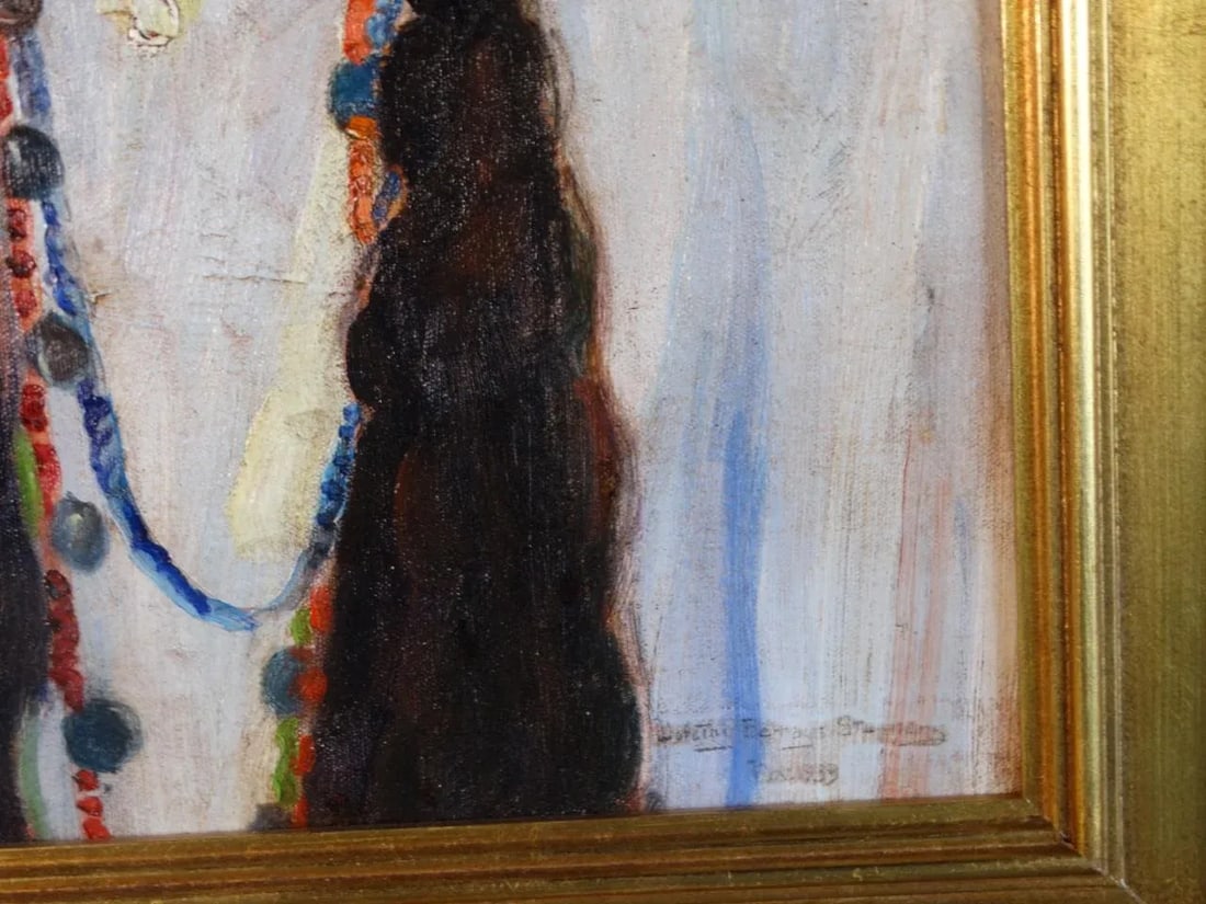Mid 20th Century Dorothy Bernays Stauher Portrait Oil Painting of a Young Woman in Native American D - 4