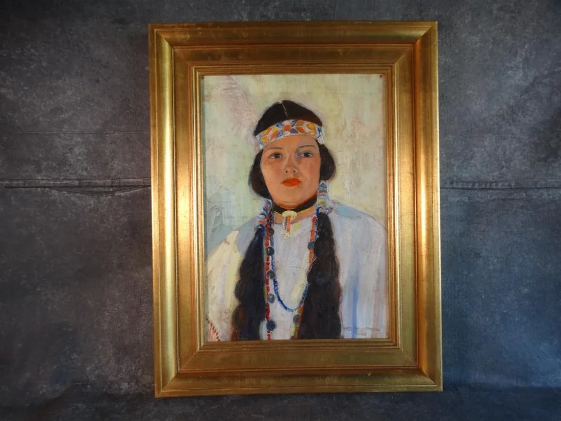 Mid 20th Century Dorothy Bernays Stauher Portrait Oil Painting of a Young Woman in Native American D - 6