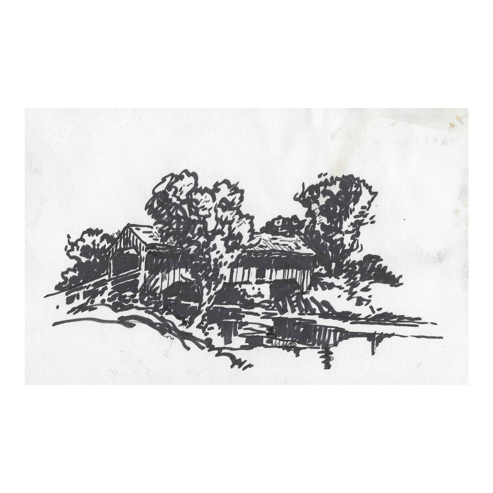 1950s Norman Kent Covered Bridge Drawing: Born in Pittsburgh, American artist Norman Kent (1903 - 1972) attended the Rochester Institute and trained at the Art Students League in New York under Leftwich Dodge. He learned the art of the woodcu
