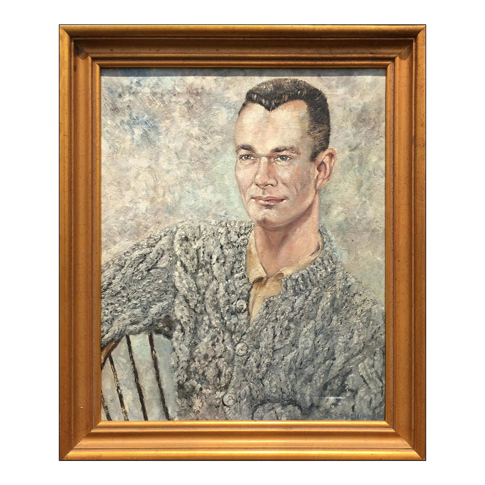 Jess Saunders Mid-Century Oil Painting Portrait of Charles Foster: Retro cool portrait by Jess Saunders, circa 1958. Classic mid-century goodness in this vintage oil on canvas painting of sitter Charles Foster. The artist has a deft hand and we'd guess the likeness