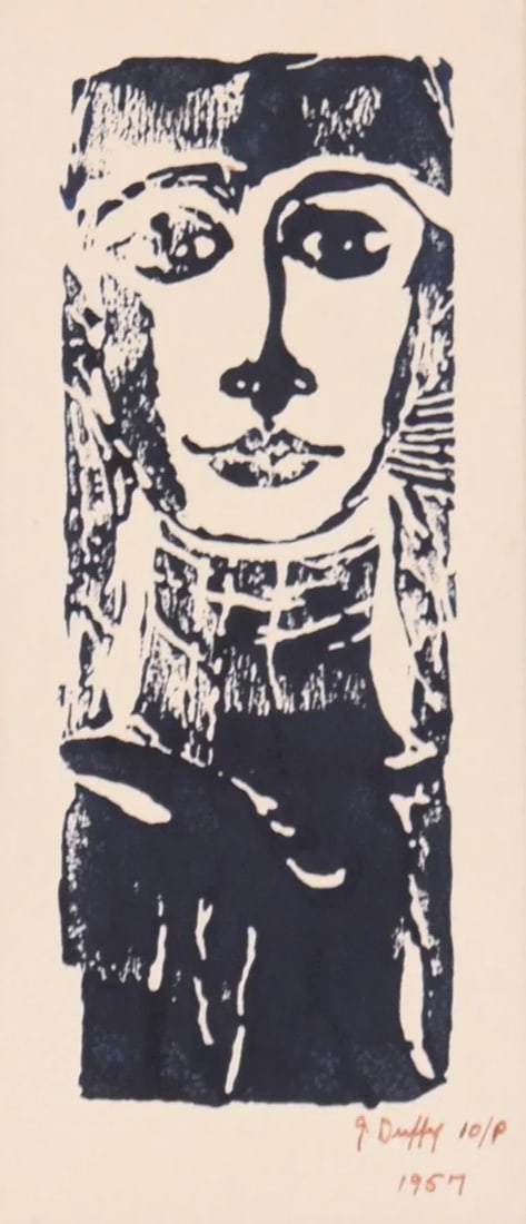 Mid 20th Century Woodblock Portrait of a Woman by J. Duffy: Bold woodblock print of a woman by J. Duffy (American, 20th Century). The subject is staring directly at the viewer, creating a compelling yet delicate composition. The ink appears to be black but is