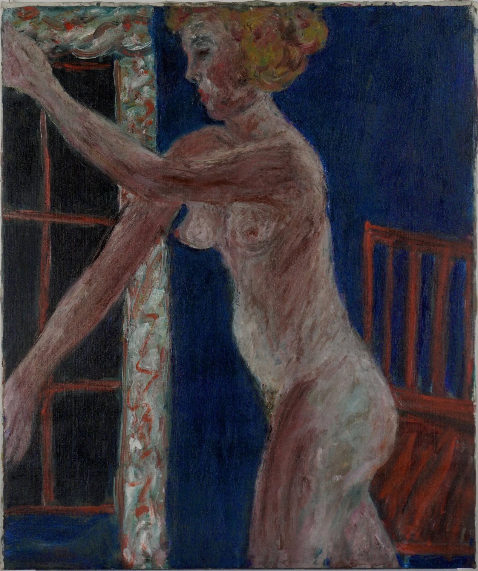 1960s Expressionist Figurative Nude Woman with Red Chair Oil Painting by Honora Berg: Wonderful mid century abstract figurative nude at night with red chair by Honora Berg (American, 1897-1985). A nocturnal setting adds more interest and dimension. Signed on verso "H Berg." Unframed. 3