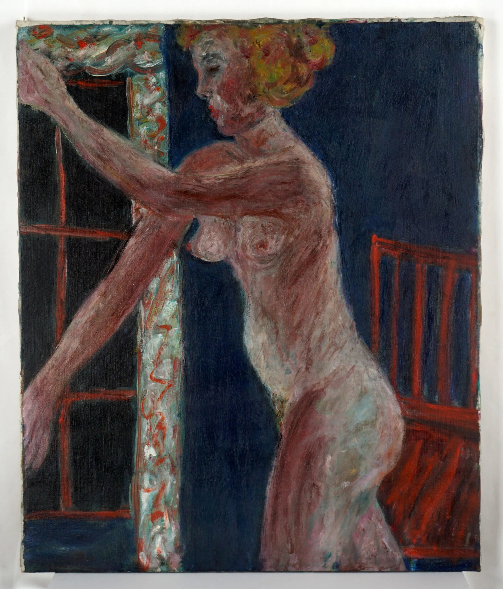 1960s Expressionist Figurative Nude Woman with Red Chair Oil Painting by Honora Berg - 2