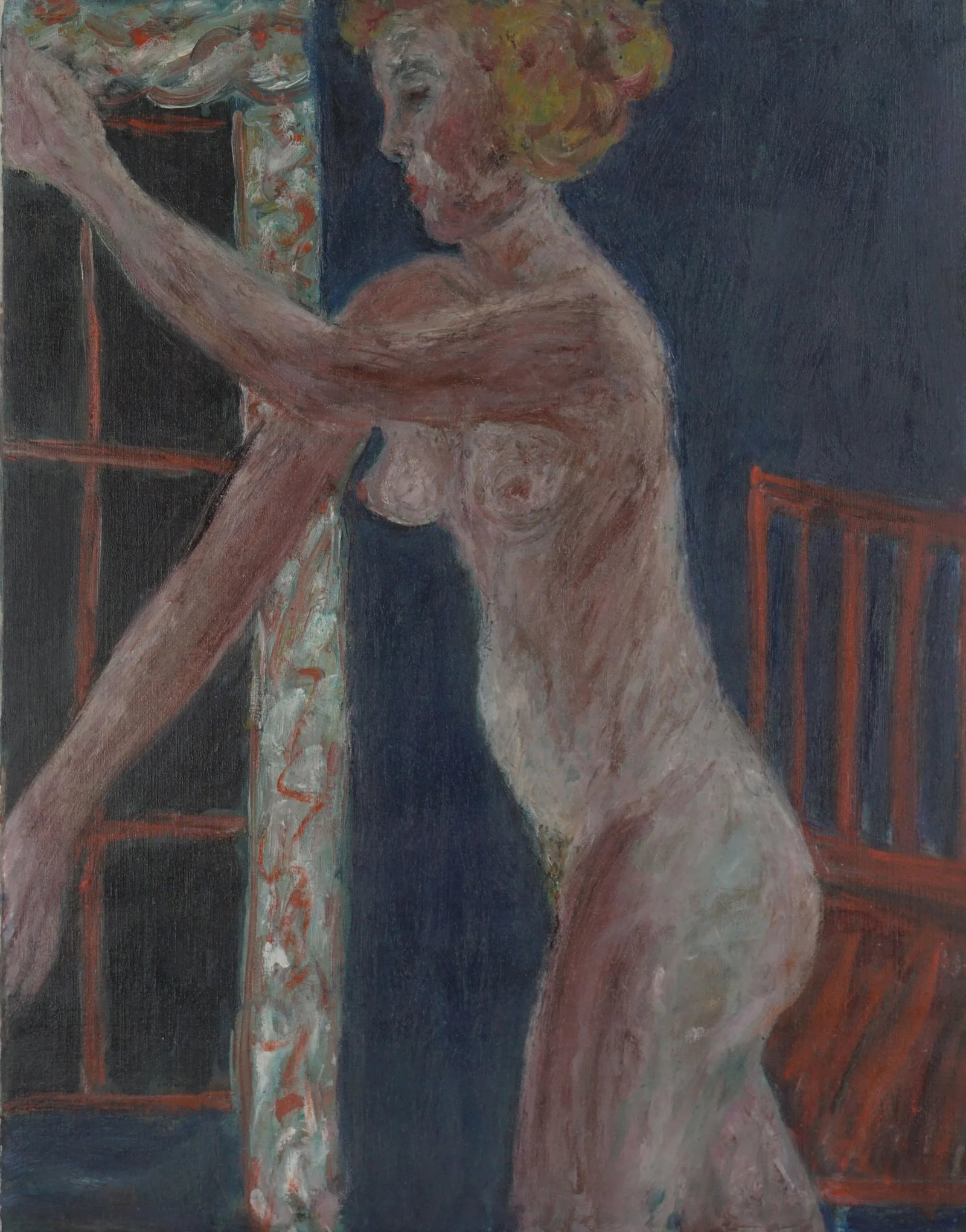 1960s Expressionist Figurative Nude Woman with Red Chair Oil Painting by Honora Berg - 3