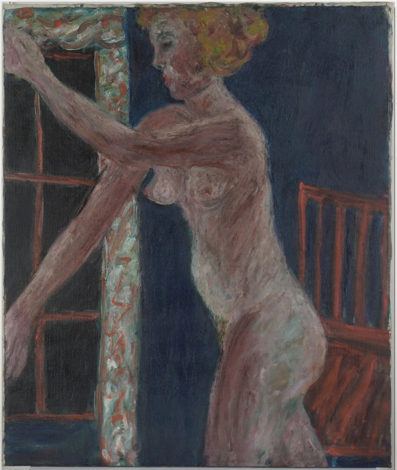 1960s Expressionist Figurative Nude Woman with Red Chair Oil Painting by Honora Berg - 4