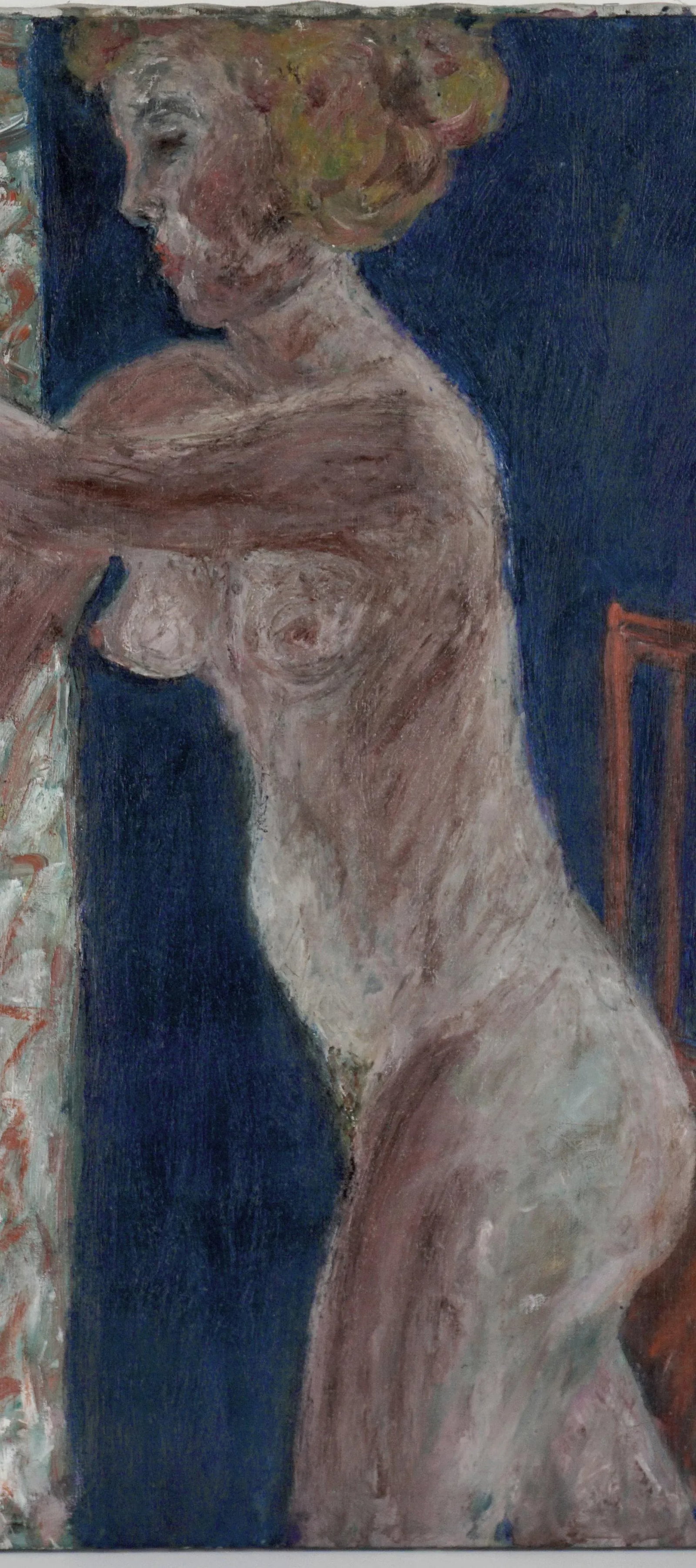 1960s Expressionist Figurative Nude Woman with Red Chair Oil Painting by Honora Berg - 5