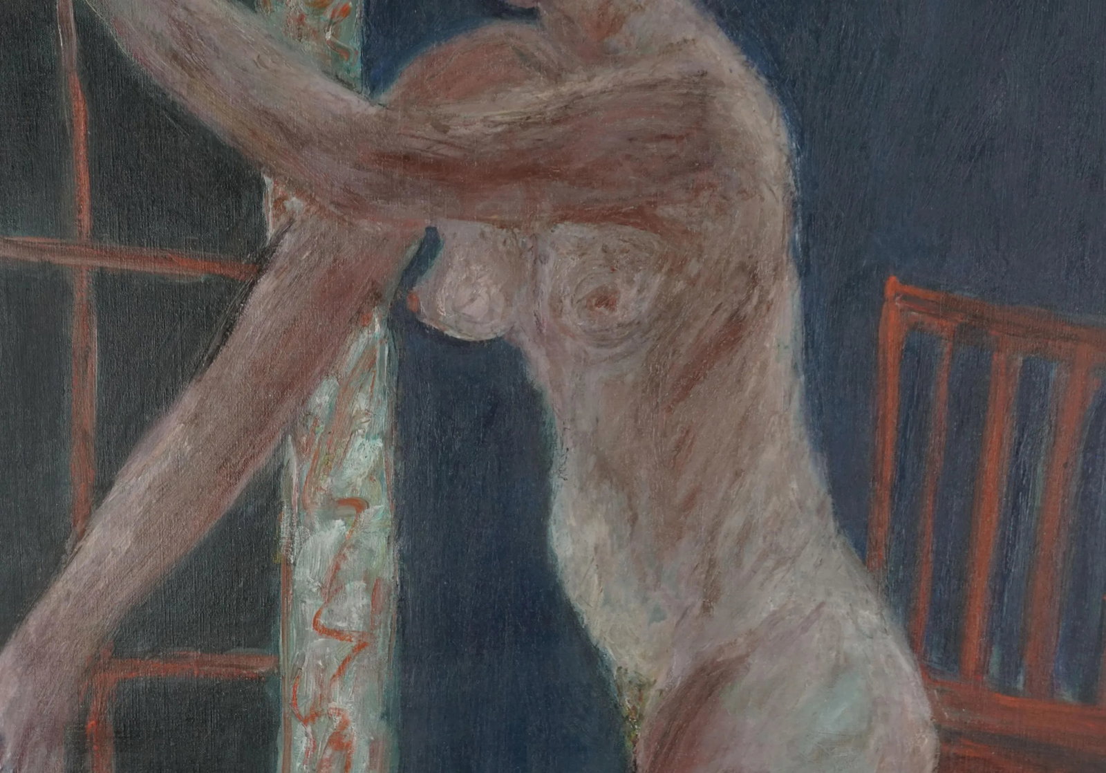 1960s Expressionist Figurative Nude Woman with Red Chair Oil Painting by Honora Berg - 6