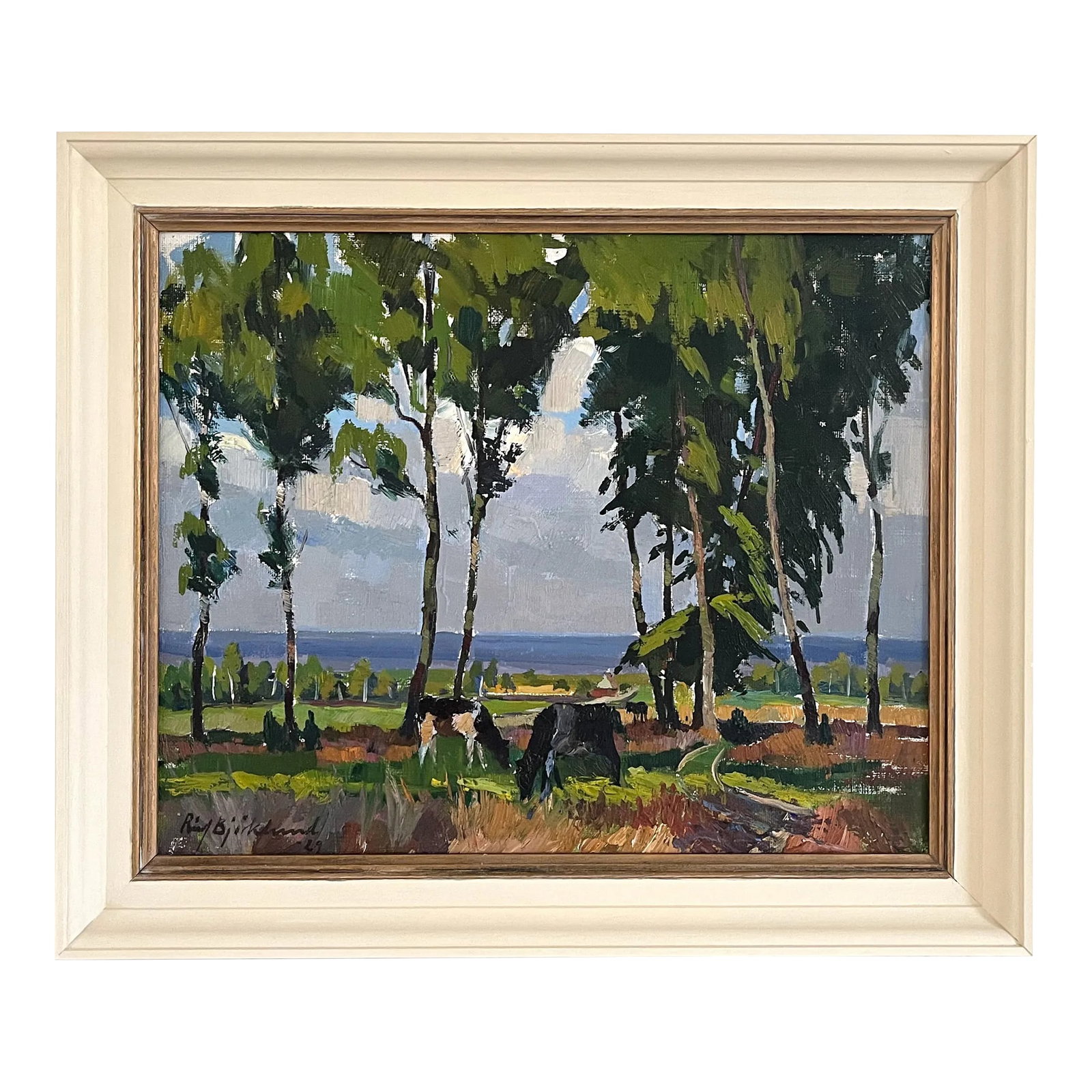 1920s Swedish Cows Grazing Landscape Oil Painting by Richard Bjorklund: Peaceful scene of cows grazing in a landscape. The artist focuses on the interplay of light and shade by contrasting rich and earthy colors. Rough and textured brushstrokes give the piece a modern fee
