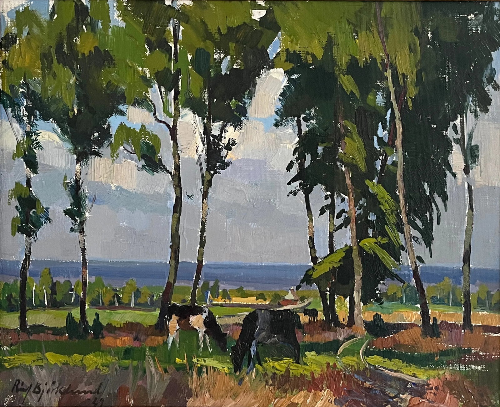 1920s Swedish Cows Grazing Landscape Oil Painting by Richard Bjorklund - 2