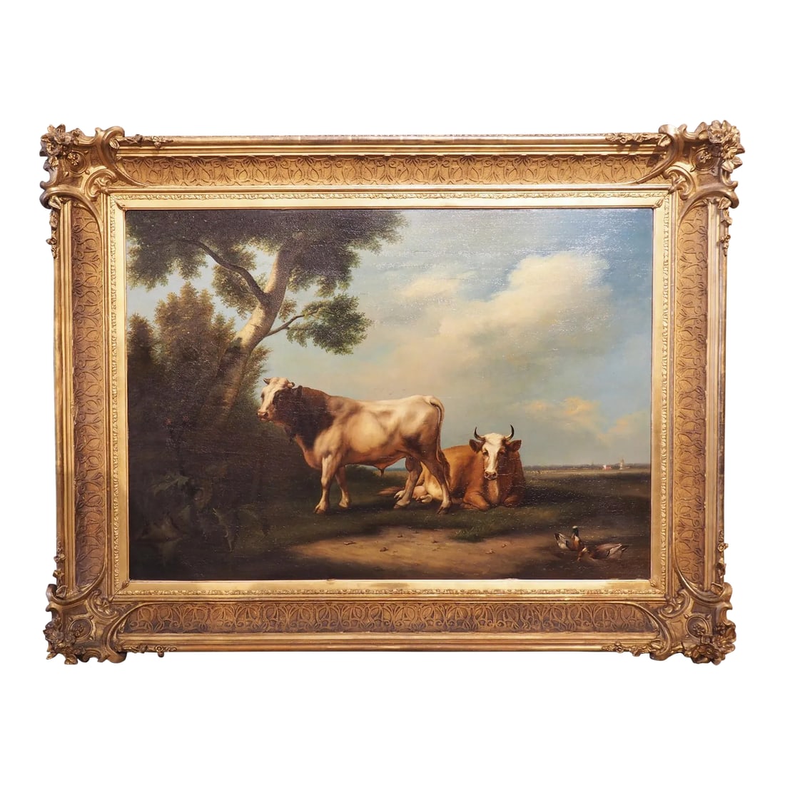 Antique Dutch Oil on Board Painting of Cattle, Signed and Dated 1858: This oil on board pastoral painting of two cattle is signed and dated by the artist in the lower right corner "F.J. Dierckxsens 1858". There is also a handwritten paper affixed to the verso side of th