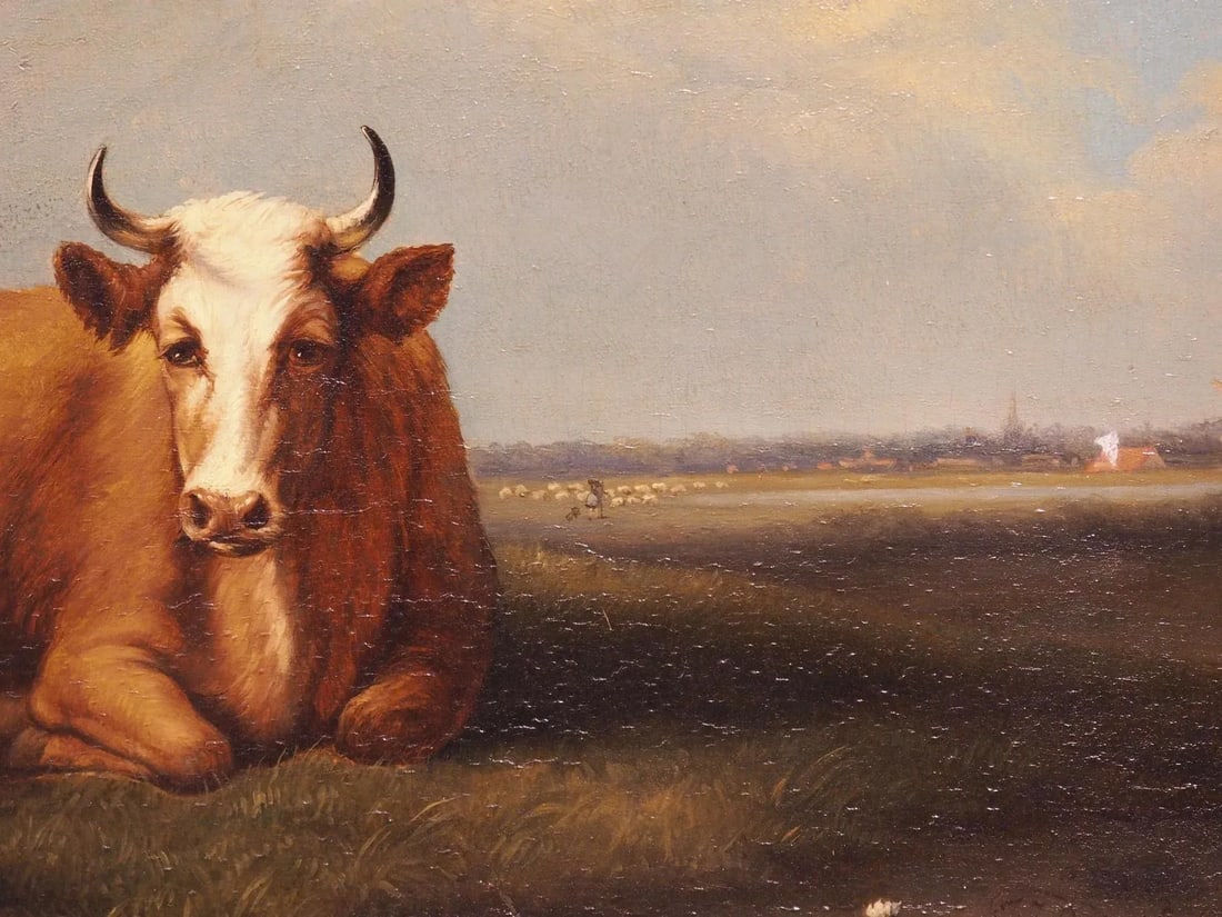 Antique Dutch Oil on Board Painting of Cattle, Signed and Dated 1858 - 6