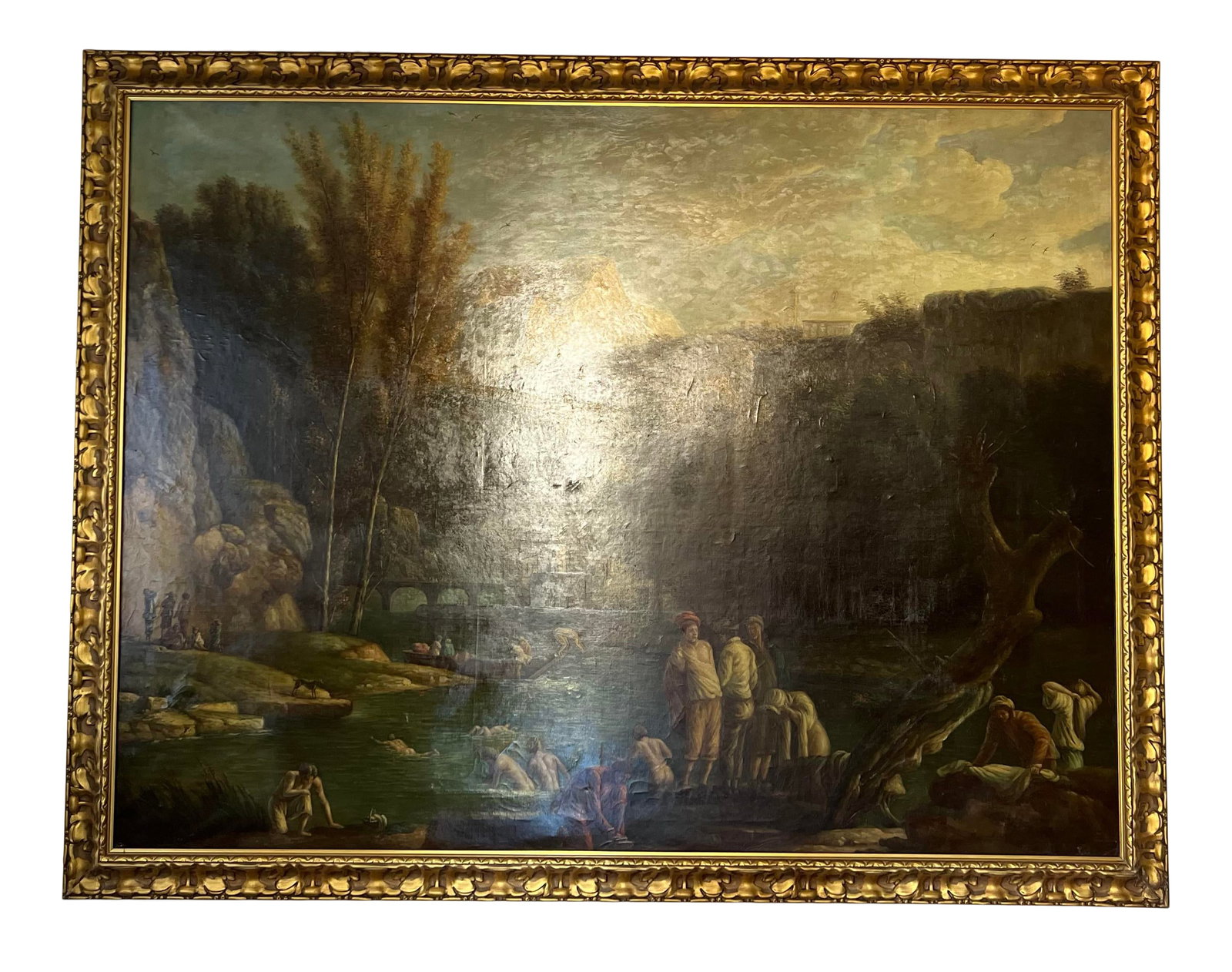 Oil on Canvas Late 20th Century "The Falls at Tivoli" Italian Landscape Painting, Unsigned.: X-Large oil on canvas , "The Falls at Tivoli "landscape with figures, gilded frame . Condition: Alterations: Original Condition Unaltered Imperfections: Some Imperfections Condition Notes: Wear