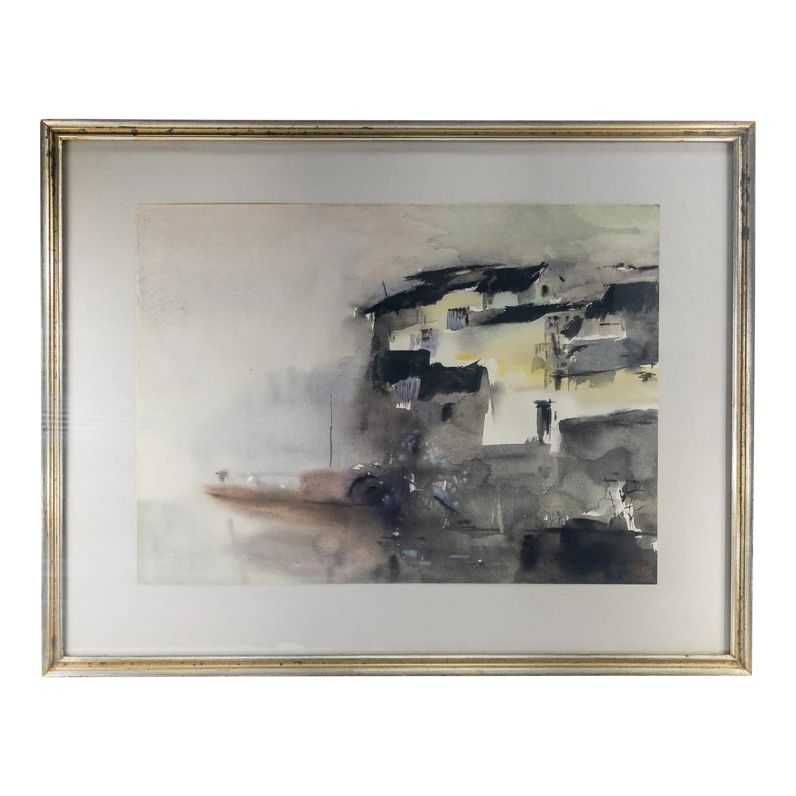 Chinese or South East Asian Watercolor Inkwash Painting: We are selling this Chinese or South East Asian painting. This painting on paper uses watercolours to create an abstracted inkwash scene in the style of Zhang Daqian. The painting is signed in the