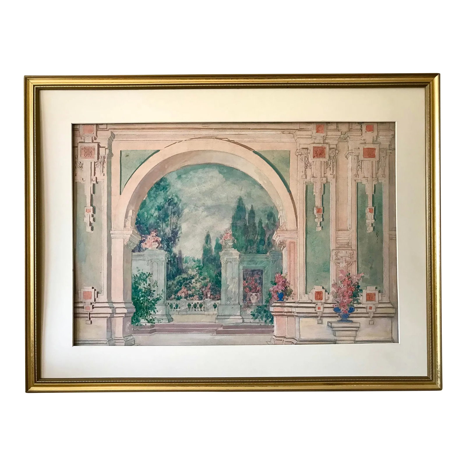 Antique Italian Neoclassical Architectural Garden Courtyard Watercolor Painting: Original antique Italian neoclassical architectural palace garden watercolor. Watercolor on heavy card stock presented matted and framed in a contemporary gallery frame. . Condition: Alterations: Orig