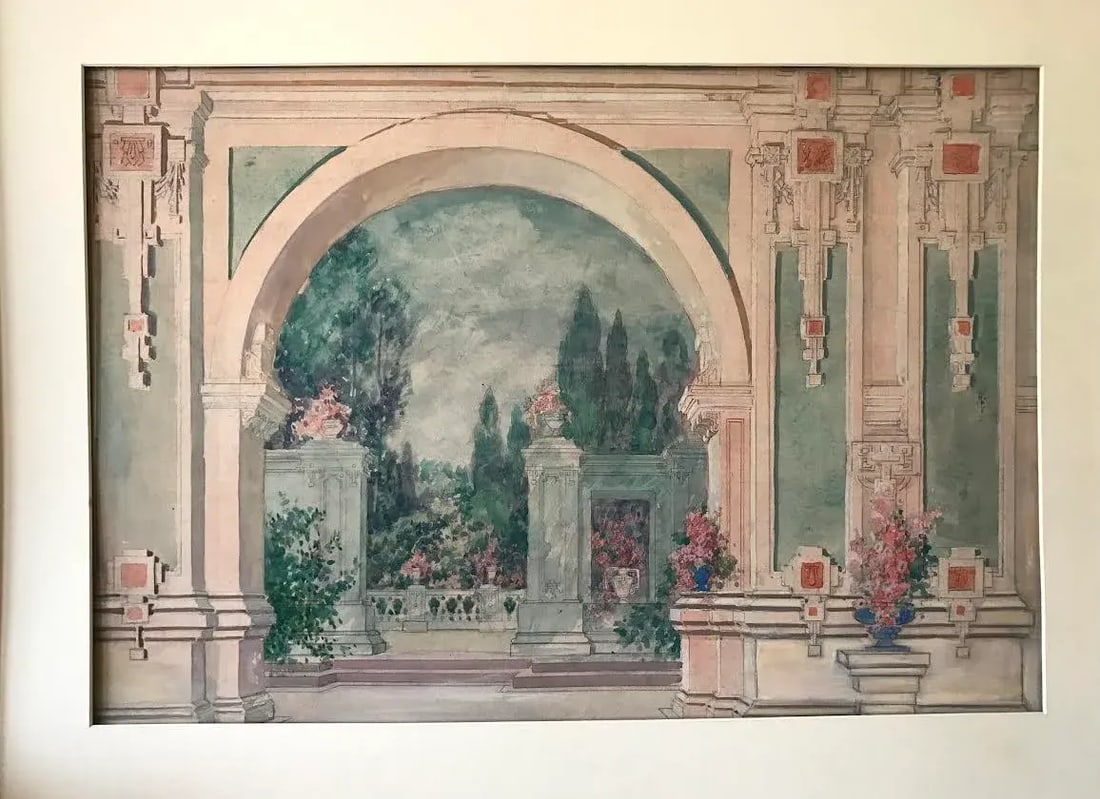 Antique Italian Neoclassical Architectural Garden Courtyard Watercolor Painting - 2