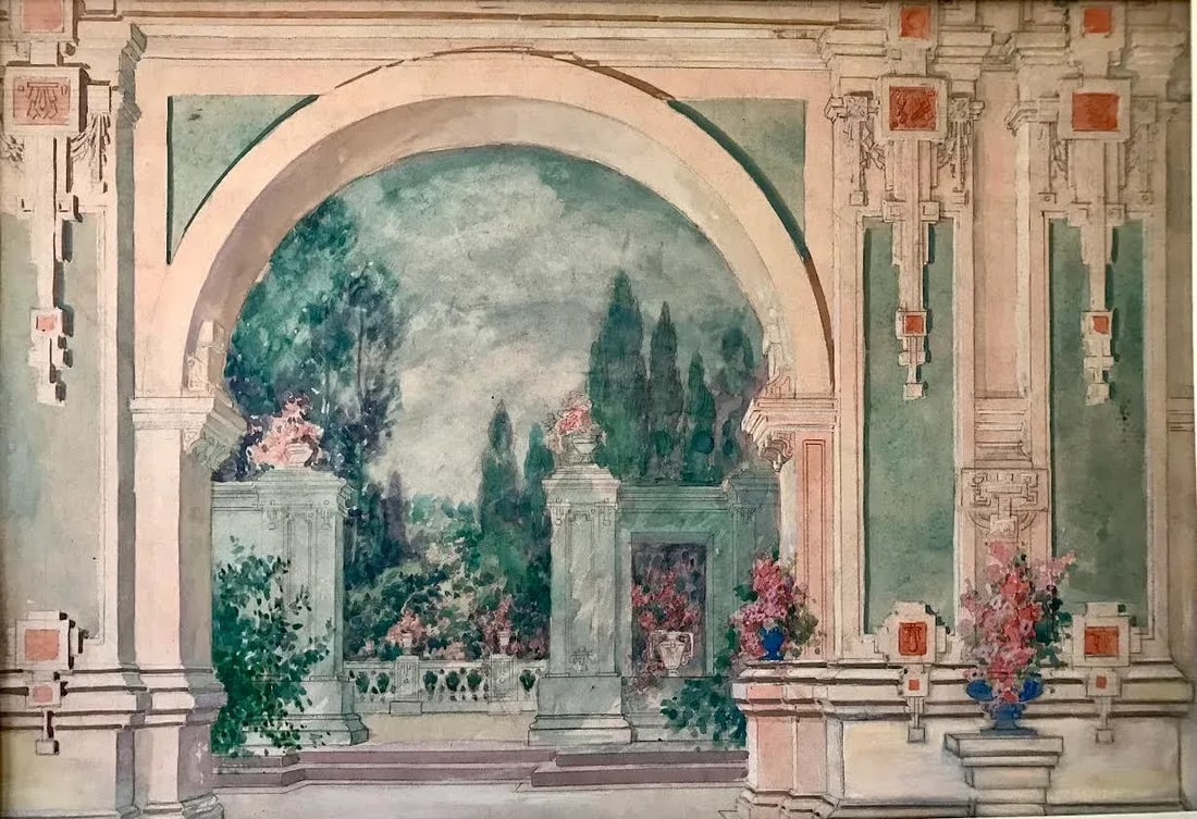 Antique Italian Neoclassical Architectural Garden Courtyard Watercolor Painting - 3