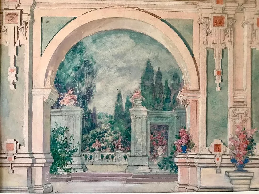 Antique Italian Neoclassical Architectural Garden Courtyard Watercolor Painting - 4