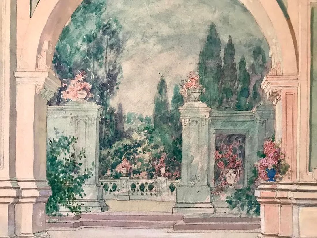 Antique Italian Neoclassical Architectural Garden Courtyard Watercolor Painting - 5
