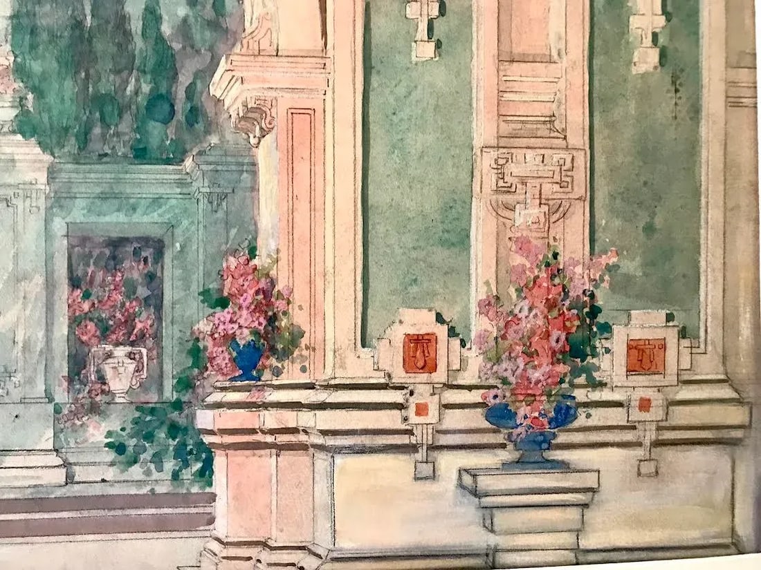 Antique Italian Neoclassical Architectural Garden Courtyard Watercolor Painting - 6