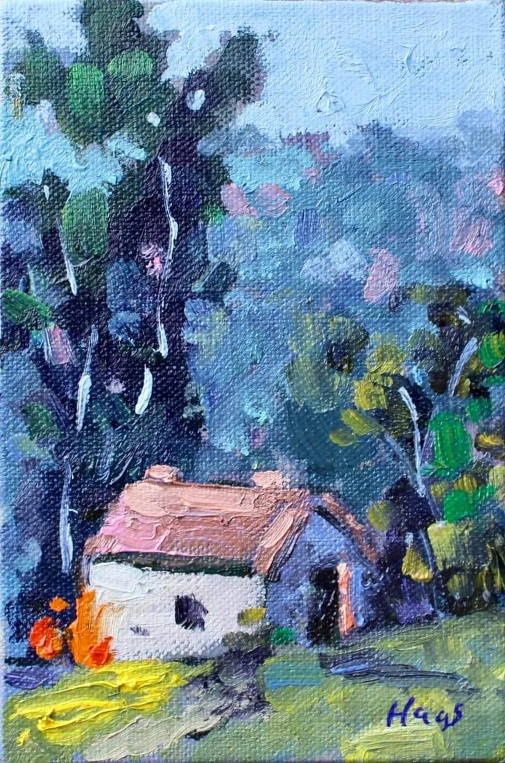 Modern Impressionist Oil Landscape: Quiet Places & Coastals - Harmony, CA Original oil painting by Lisa Haas Eckle, 4 x 6 unframed on canvas panel, signed. Harmony, takes us to the tranquil, rolling hills of the California coast. This