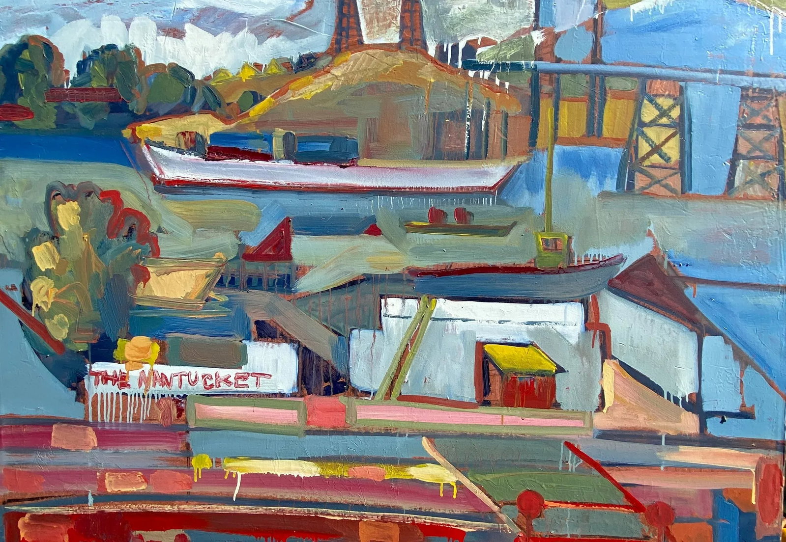 Contemporary Plein Air California Landscape Oil Painting by James Hartman: Shipped safely rolled oil on canvas. This large 39"x54" painting was done on location in Crockett, CA. There is a good response here to painting at this location on the water The painting shows as