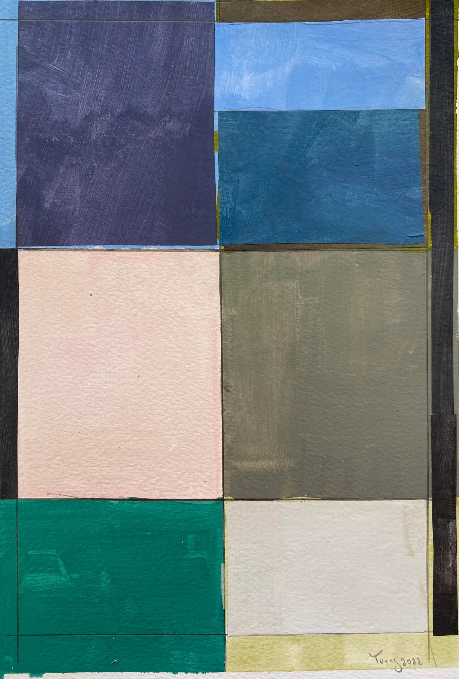 Lake Series Contemporary Original Abstract Landscape Acrylic Painting by Bryan Young: Mid Century Modern abstract painting/collage. When posting work I will often post the 'raw' work with no frame or formal presentation. This is how the piece will ship. Your local frame shop will mount