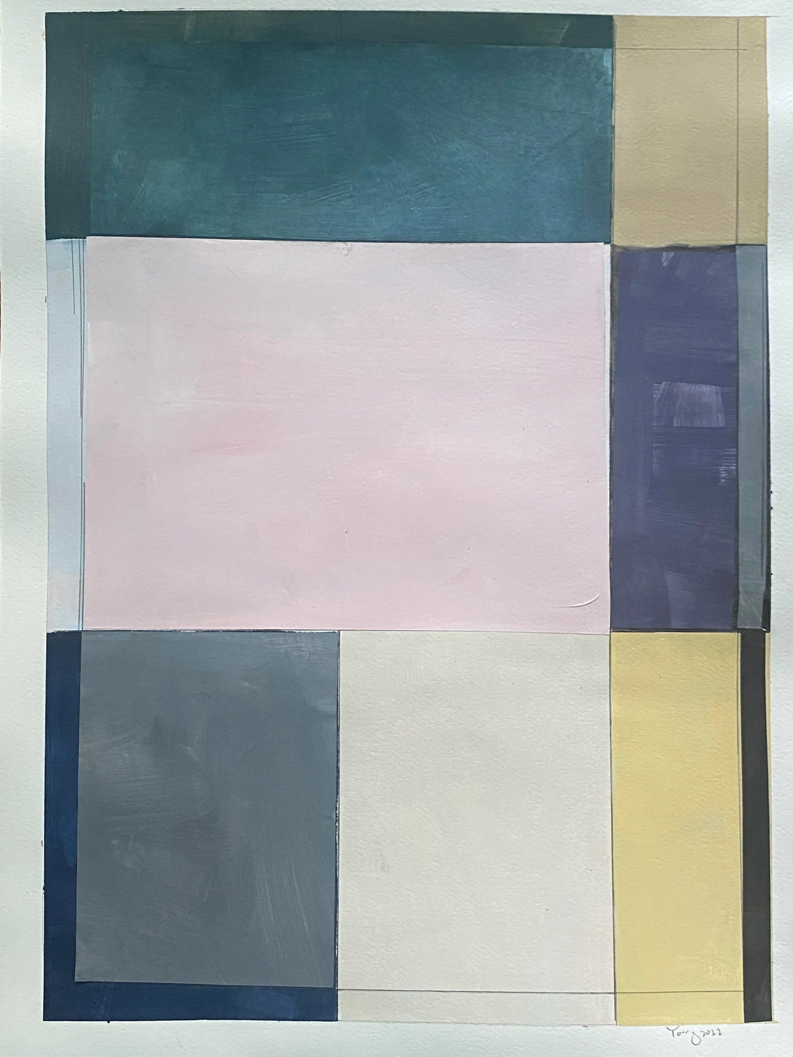 Lake Series Contemporary Original Abstract Landscape Acrylic Painting by Bryan Young: Mid Century Modern abstract painting/collage. When posting work I will often post the 'raw' work with no frame or formal presentation. This is how the piece will ship. Your local frame shop will