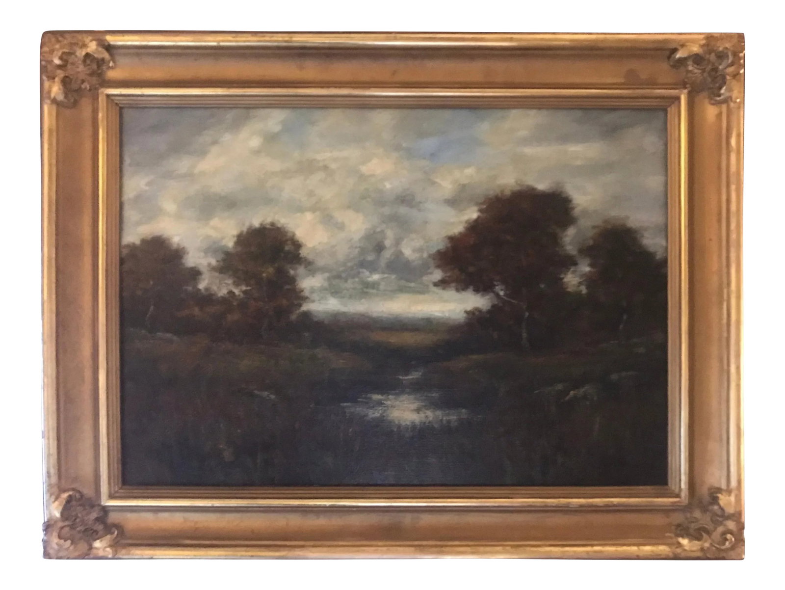 19th Century Hudson River School Style Bucolic Landscape Oil Painting Signed A. H. Wyant, Framed: An oil on canvas in antique gilt wood frame by Alexander Helwig Wyant. This painting has been re-stretched with a laminated back for stability. Signed on the lower right. Alexander Helwig Wyant (Janua