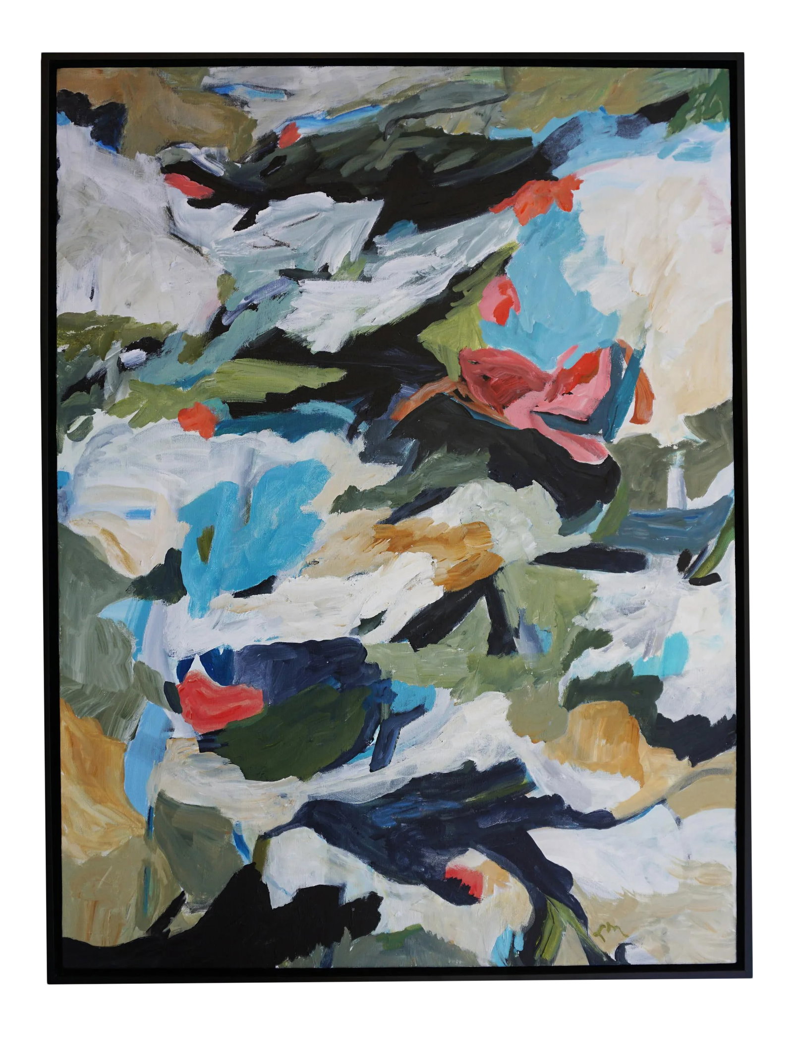 Down to Earth Abstract Landscape by Laurie MacMillan, Framed: The artist is is a lifelong outdoors enthusiast, and Down to Earth is a mixture of natural elements she loves. This acrylic painting is on gallery wrapped canvas. It is initialed on the front and sign