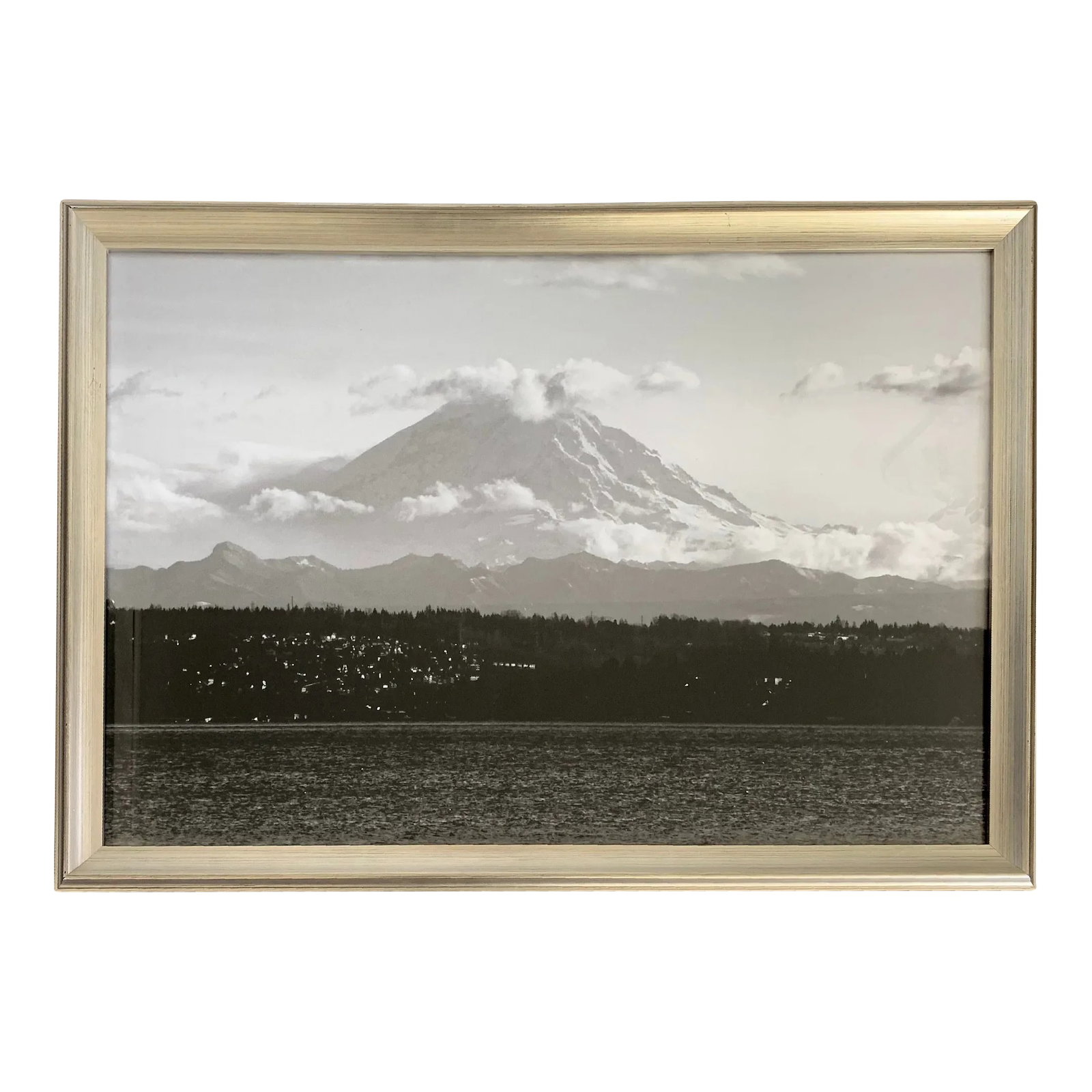 Mt. Rainier Mountain Landscape Black and White Photograph, Framed: Photograph of Mt. Rainier from Seward Park, Seattle, Washington. Framed in a silver-tone wood frame. The photo was taken by the seller in 2019. Condition: Alterations: Original Condition Unaltered