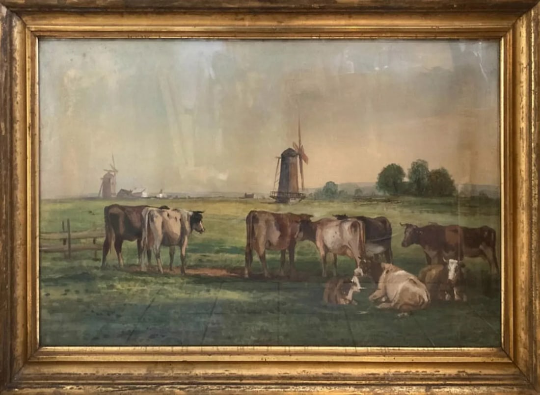Early 20th Century "Cattle With Windmills" Landscape Watercolor Painting, Framed: I apologize for the reflections in the glass of this watercolor. At any rate, it's a large scene of cattle grazing in a field, presumably in Holland, with windmills in the distance. Expertly painted. 