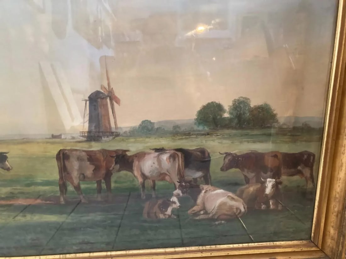 Early 20th Century "Cattle With Windmills" Landscape Watercolor Painting, Framed - 2