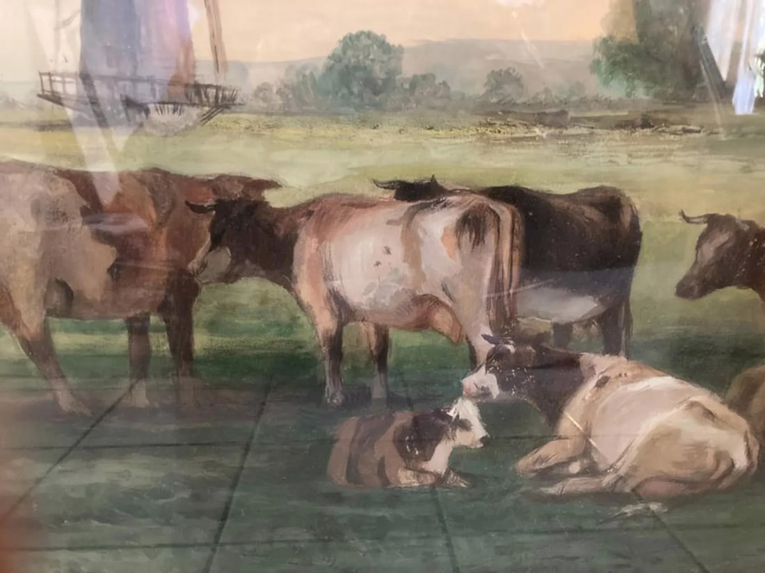 Early 20th Century "Cattle With Windmills" Landscape Watercolor Painting, Framed - 4