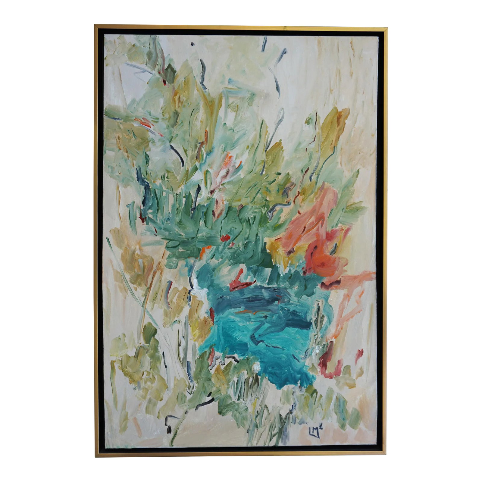 Picnic Abstract Acrylic Painting by Laurie MacMillan, Framed: Picnic came from the artist's imagination, and she thought of her many days enjoying being outside in nature. This acrylic painting is on gallery wrapped canvas. It is initialed on the front and