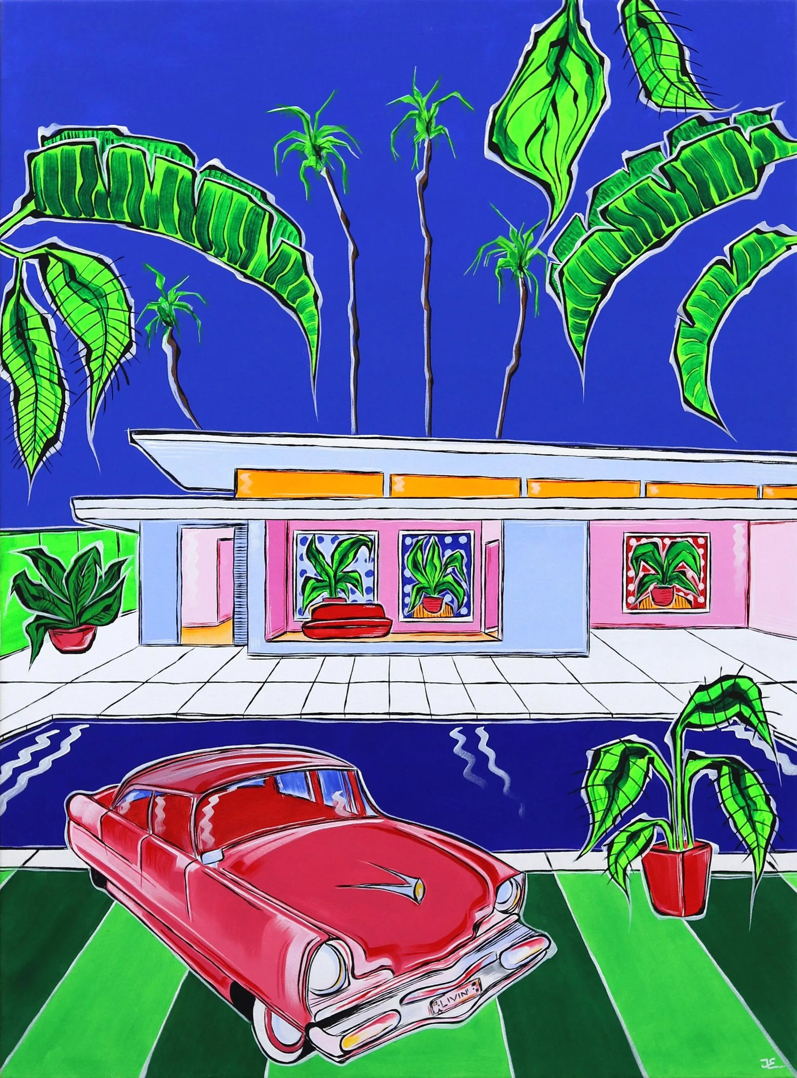 Endless Summer Original Fauvist Mid-Century House Portrait Acrylic Painting by Jonjo Elliott: English artist Jonjo Elliot's artworks are a collision of expressionistic fauvism and his collections encourage a youthful candor. Plants thrive in environments the viewer wants to immerse themselves