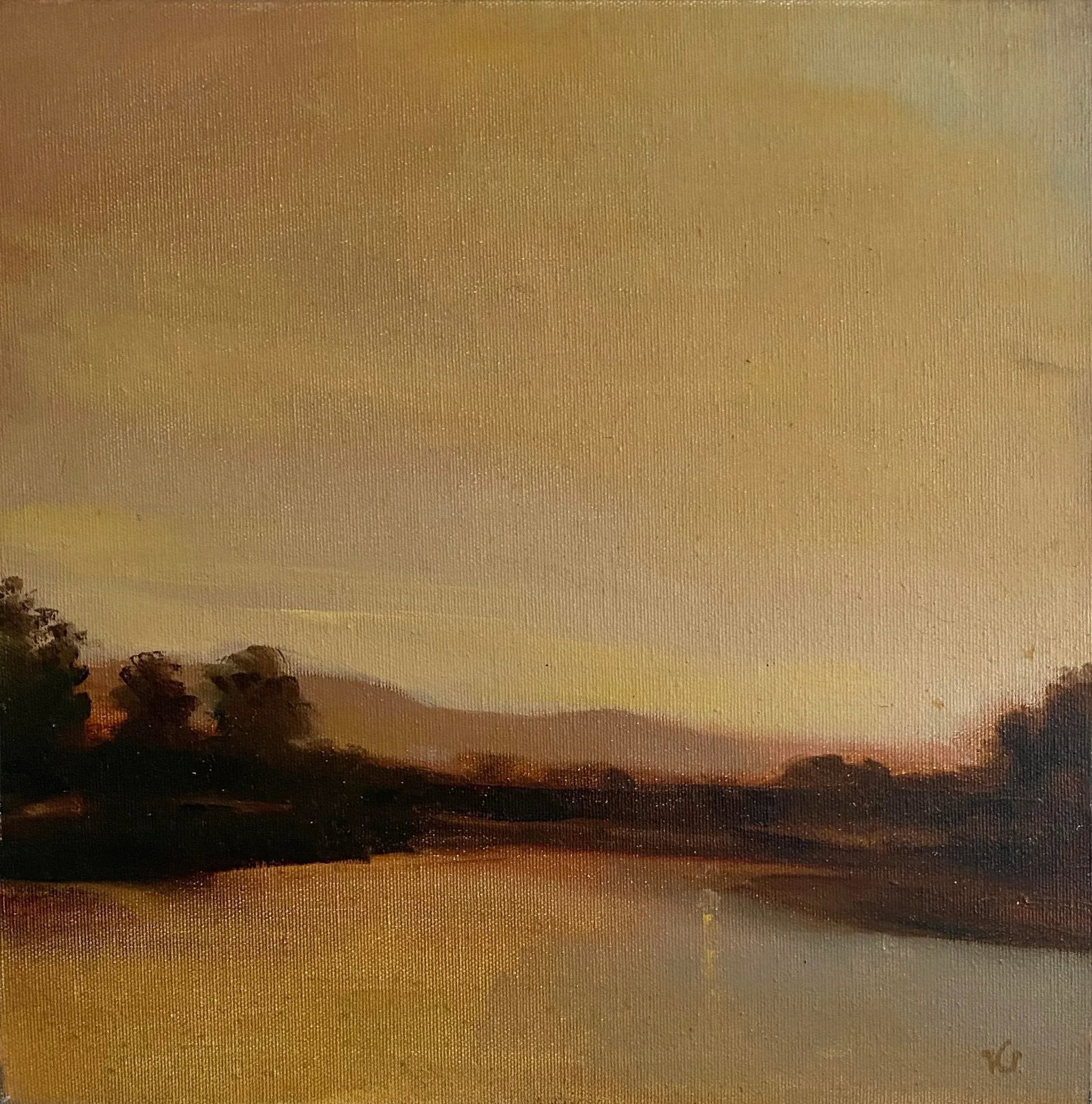 Headwaters Landscape Oil Painting on Canvas by Valta Us: Austrian/American artist, Valta Us, categorizes his minimalist, conceptual paintings as narratives. This moody, golden landscape allows the viewer to create their own narrative as they are drawn into