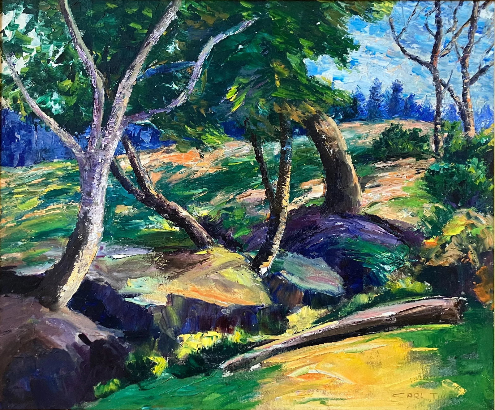 Mid 20th Century Carl Thorp California Landscape Oil Painting on Canvas: Artist: Carl Thorp - American (1912-1989 ) Title: Untitled, California landscape Year: circa 1950 Medium: Oil on canvas Image size: 24.5 x 29.5 inches Framed size: 27.5 x 32.5 inches Signature:
