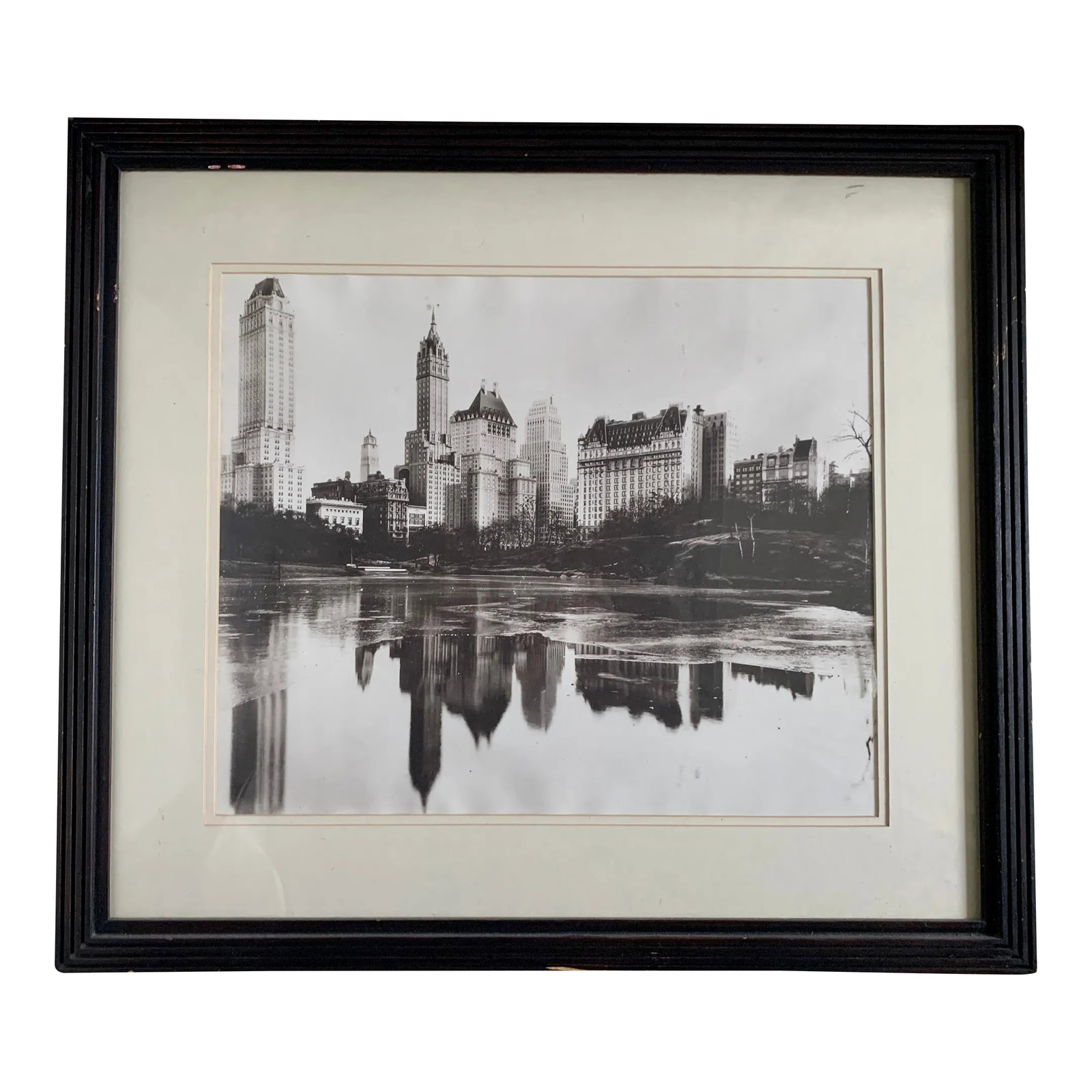 Vintage 1930s Nyc Gelatin Silver Photograph of Central Park Pond & Park Plaza Hotel: Incredible & Historic Large Vintage Photograph of Central Park Pond & NYC Landscape printed circa 1936 as notated In Verso The POV is from Gapstow Bridge. Personally I feel it is an autumnal image jus