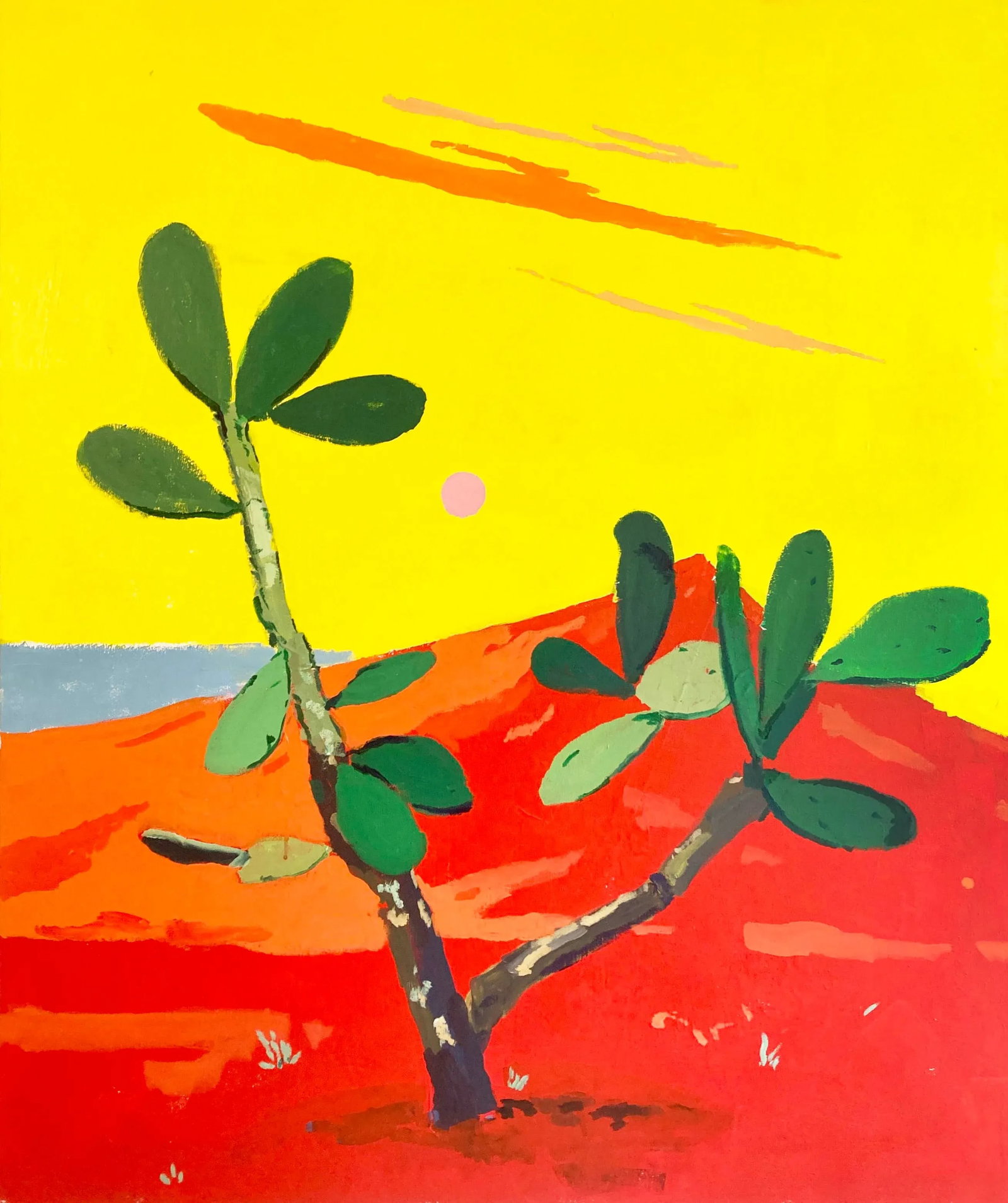 Persevering Through the Heat of the Desert Sun Contemporary Original Fauvist Landscape Painting by: Painted using a combination of imagination and photographic reference, this piece shows a barren, dreamy desert landscape a theme the artist uses in much of his work. Painted with acrylic on canvas