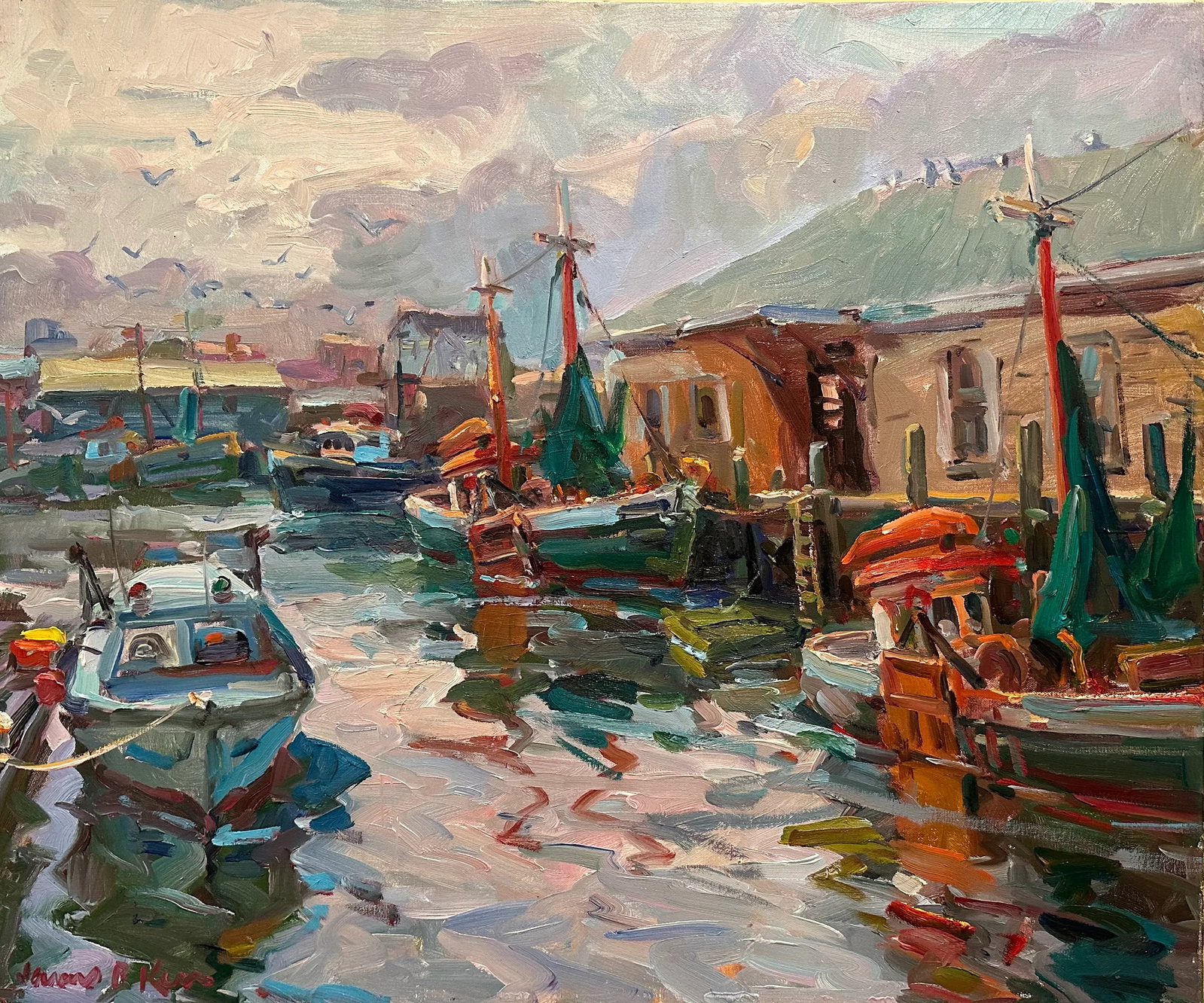Gloucester Wharf Impressionist Landscape Oil Painting by James P. Kerr: 30x36. Oil on linen by Florida artist James P. Kerr. Signed lower left of painting, signed and inscribed on the back. Condition: Alterations: Original Condition Unaltered Imperfections: Some