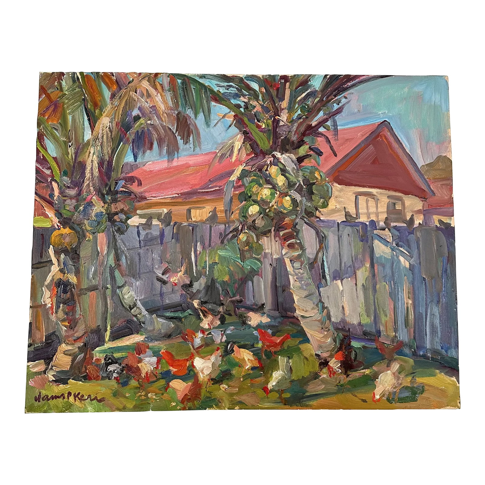 Backyard Coconuts Impressionist Landscape Oil Painting by James P. Kerr: 24x30. Oil on canvas by Florida artist James P. Kerr. Signed lower left of painting, signed and inscribed on the back Condition: Alterations: Original Condition Unaltered Imperfections: Some