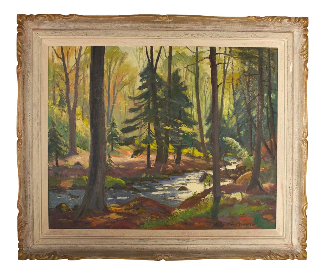Original Frank Shirley Panabaker Painting Oil on Masonite: Oil on masonite original painting by Frank Panabaker. Signed. Masonite panel 30" x 24" Framed 37.25" x 31.25" x 1.25" This painting is a bit larger in size than most of his paintings and is of an unus