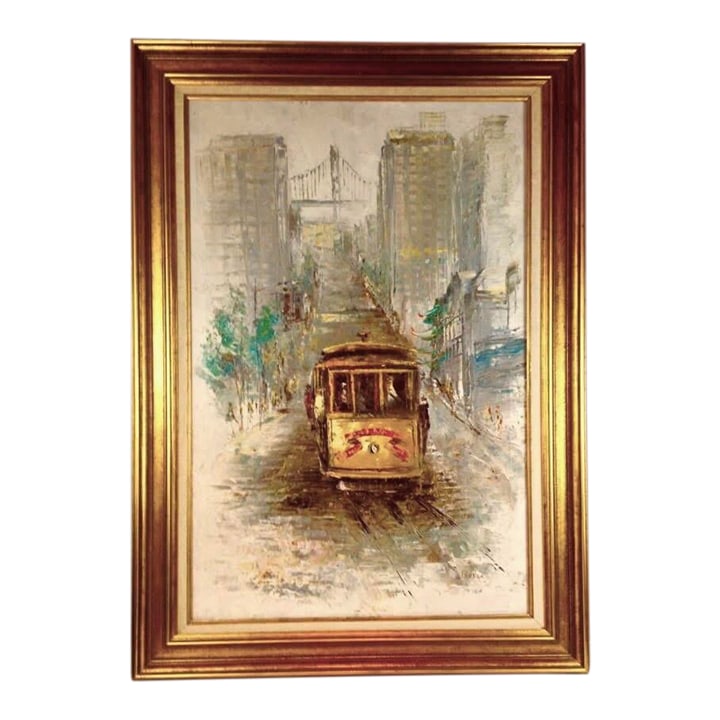 Parker Oil on Canvas Mid Century Modern Haight Asbury Summer of Love San Francisco Oil on Canvas Str: MID CENTURY MODERN Haight Asbury Summer of Love SAN FRANCISCO OIL ON CANVAS Street Art 1960s Street Scene with Streetcar and Golden Gate Bridge in the distance Large 42"x31" signed Parker. Beautiful o